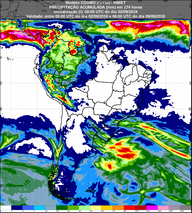 Mapa de precipitação acumulada para os próximos sete dias em todo o Brasil - Fonte: Inmet