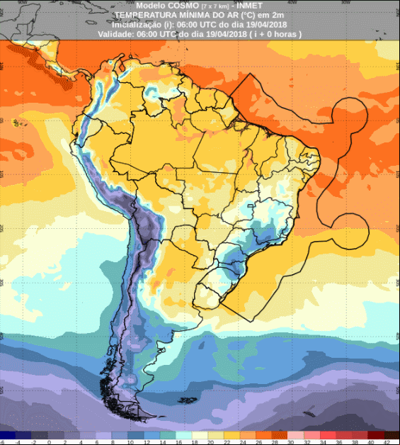 Mapa com a previsão de temperatura mínima para até 72 horas (20/04 a 22/04) para todo o Brasil - Fonte: Inmet