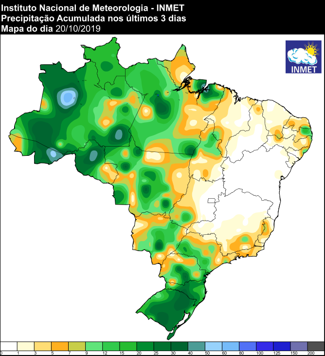 Mapa de precipitação acumulada dos últimos três dias em todo o Brasil - Fonte: Inmet