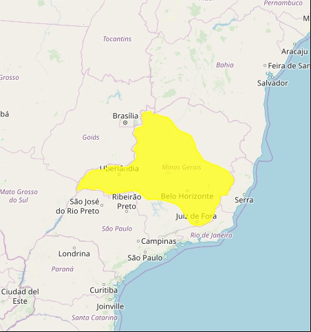 Mapa das áreas com alerta de chuvas intensas nesta 5ª feira - Fonte: Inmet