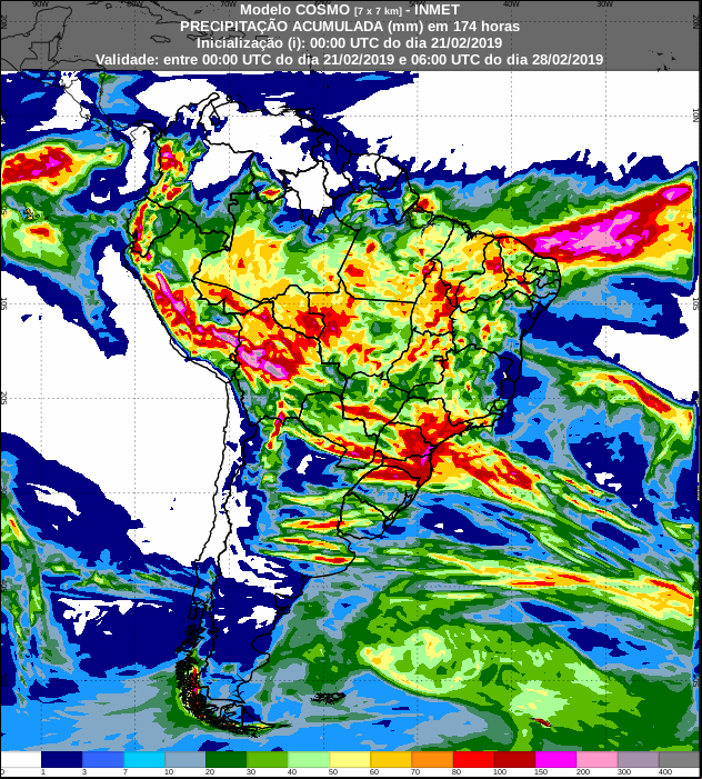 Mapa de previsão de precipitação acumulada nos próximos 7 dias em todo o Brasil - Fonte: Inmet