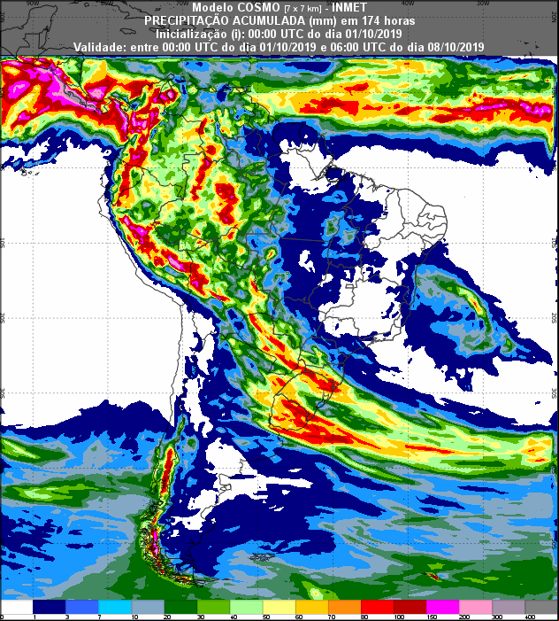 Mapa de precipitação acumulada para os próximos 7 dias em todo o Brasil - Fonte: Inmet