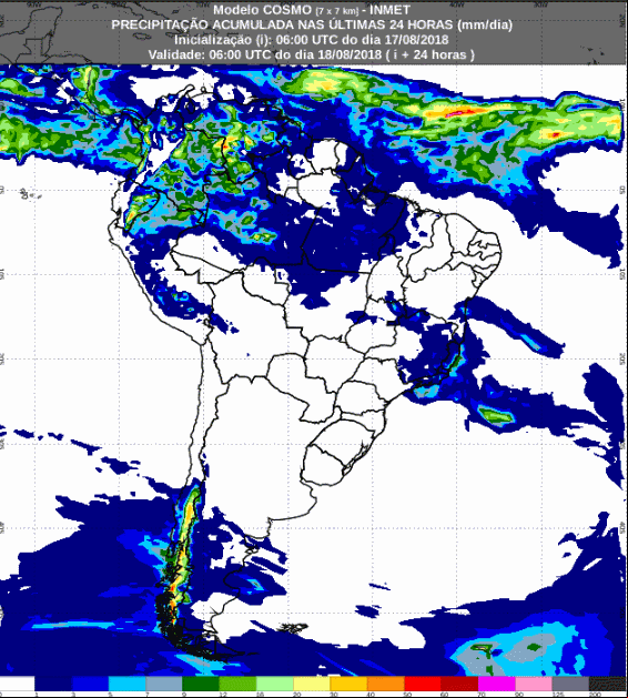 Mapa com a previsão de precipitação acumulada para até 72 horas (18/08 a 20/08) em todo o Brasil - Fonte: Inmet