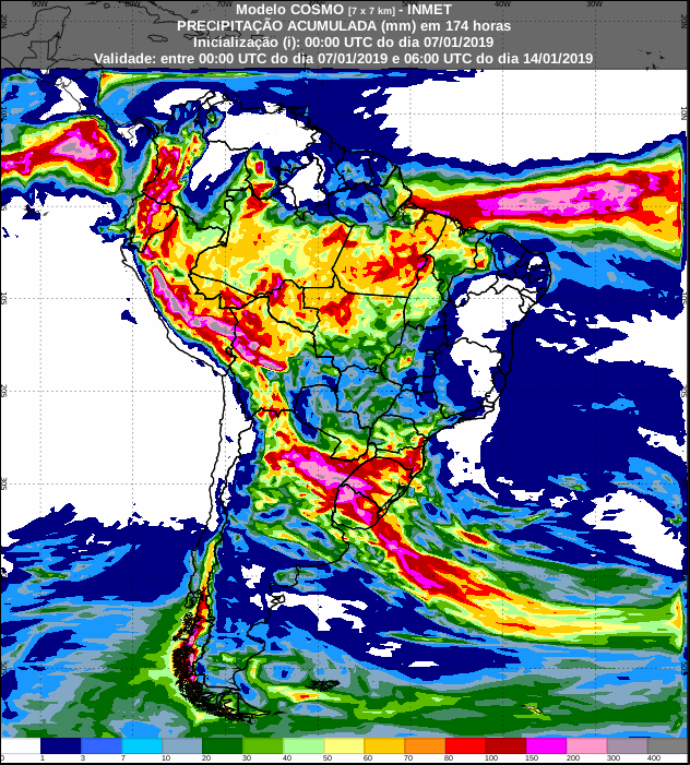 Mapa de precipitação acumulada dos próximos 7 dias em todo o Brasil - Fonte: Inmet