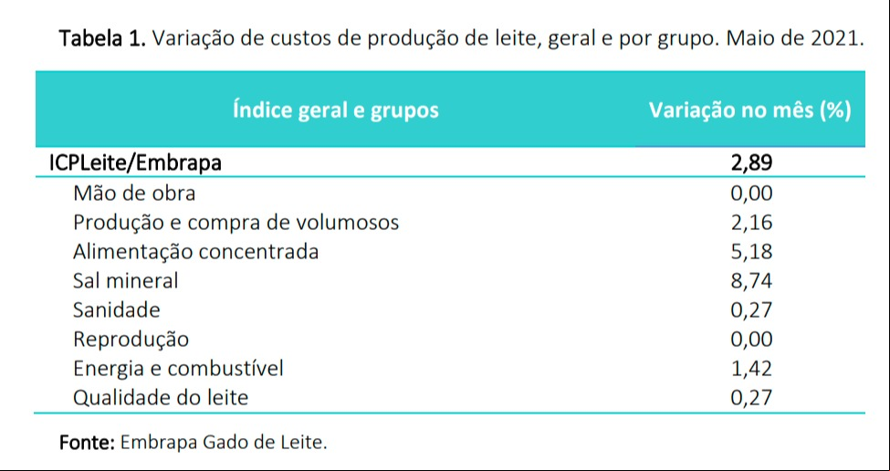 embrapa gado de leite custos de produção maio 2021