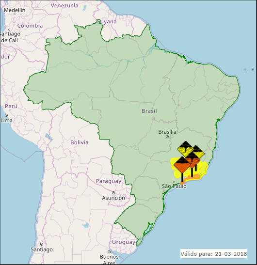 Mapa das áreas com avisos nesta 4ª feira - Fonte: Inmet