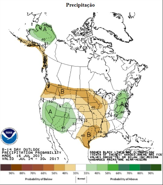 Precipitações previstas nos EUA nos próximos 8 a 14 dias - Fonte: NOAA
