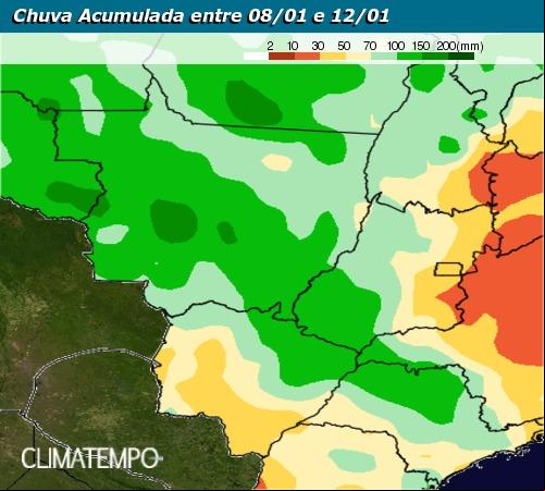 Mapa de chuva acumulada entre 8/01 e 12/01 - Fonte: Climatempo