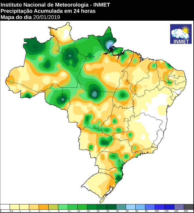 Mapa de precipitação acumulada nas últimas 24 horas em todo o Brasil - Fonte: Inmet