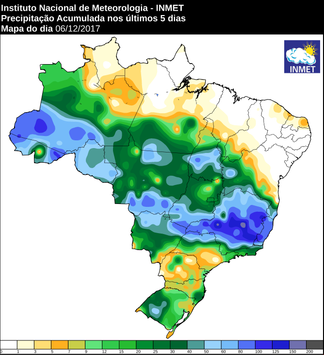 Mapa de precipitação acumulada nos últimos cinco dias em todo o Brasil - Fonte: Inmet