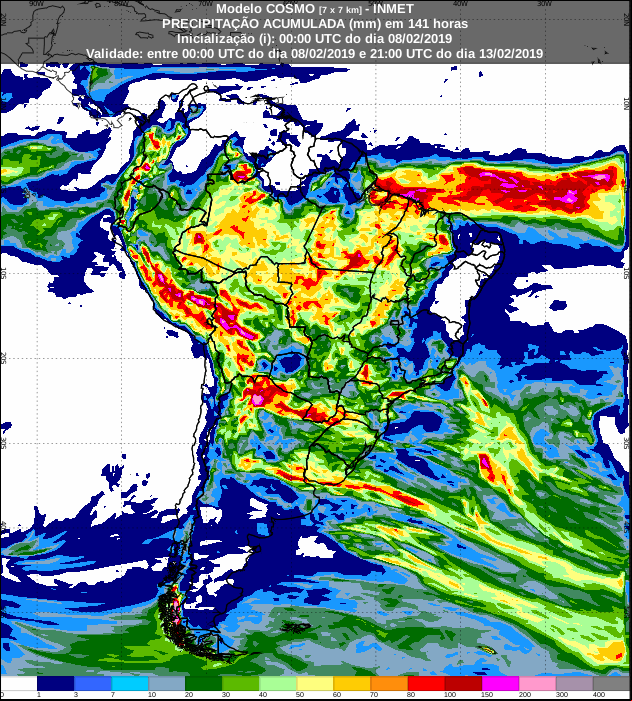 Mapa de previsão de precipitação acumulada do modelo Cosmo para os próximos 7 dias em todo o Brasil - Fonte: Inmet
