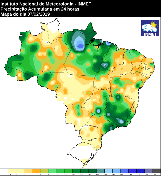 Mapa de precipitação acumulada nas últimas 24 horas em todo o Brasil - Fonte: Inmet