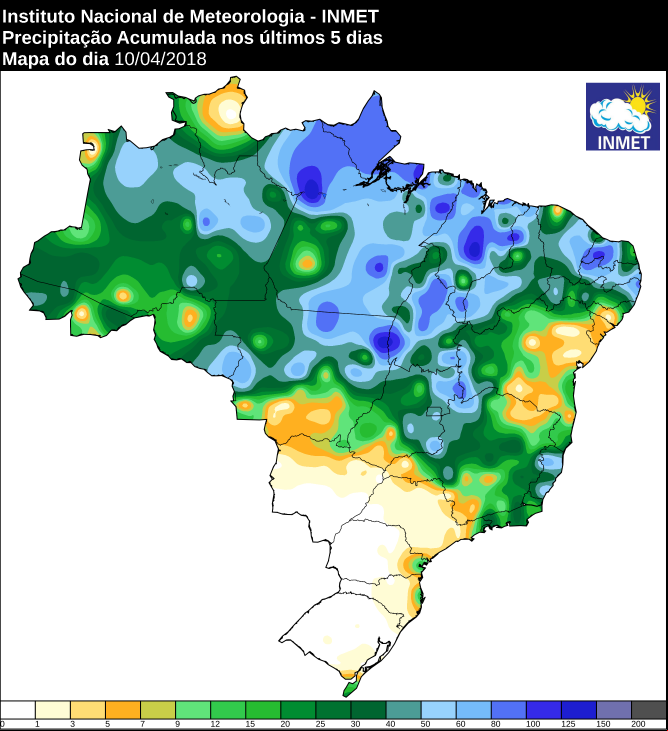Mapa com a precipitação acumulada em todo o Brasil nos últimos cinco dias - Fonte: Inmet