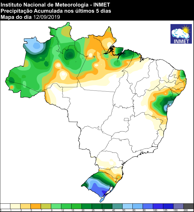 Mapa de precipitação acumulada dos últimos 5 dias em todo o Brasil - Fonte: Inmet