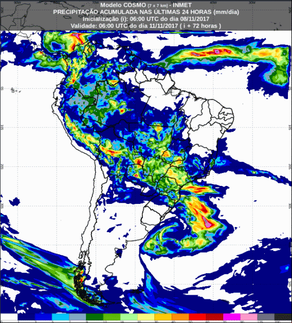 Mapa com a previsão de precipitação acumulada para até 72 horas (09/11 a 11/11) para todo o Brasil - Fonte: Inmet