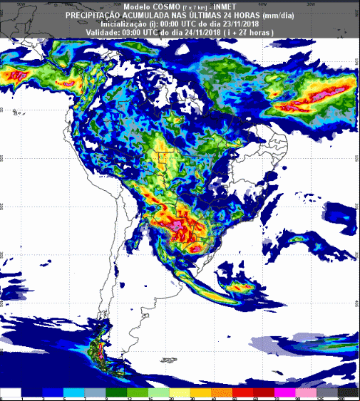 Mapa com a previsão de precipitação acumulada para até 72 horas (24/11 a 26/11) em todo o Brasil - Fonte: Inmet
