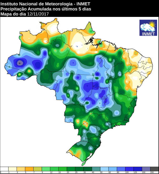 Mapa com a precipitação acumulada nos últimos cinco dias em todo o Brasil - Fonte: Inmet
