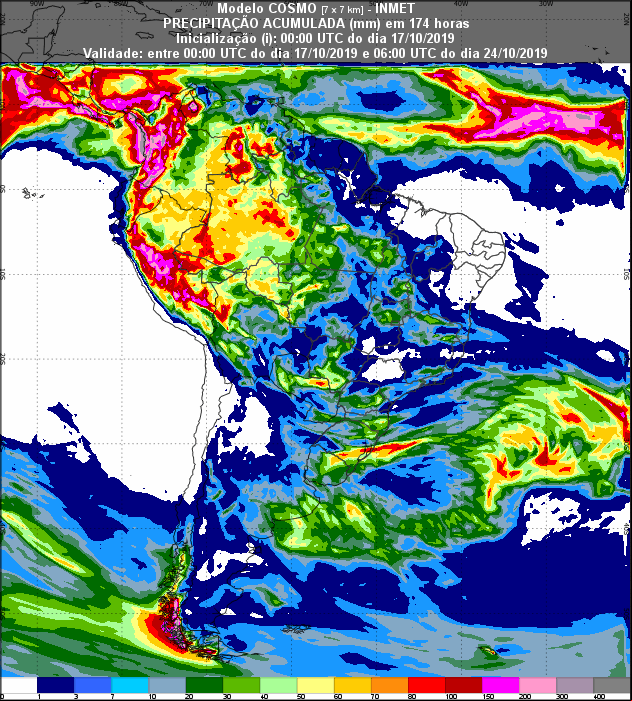 Mapa com previsão de precipitação acumulada dos próximos 7 dias - Fonte: Inmet