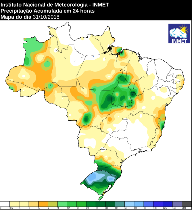 Mapa com precipitação acumulada nas últimas 24 horas em todo o Brasil - Fonte: Inmet