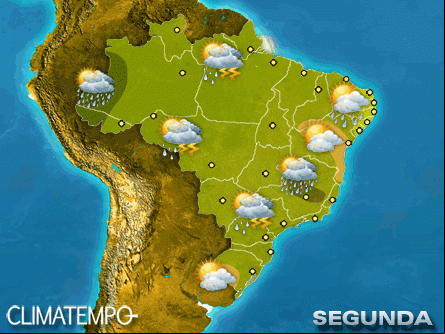 Mapa com a previsão do tempo para todo o Brasil nesta 2ª feira - Fonte: Climatempo