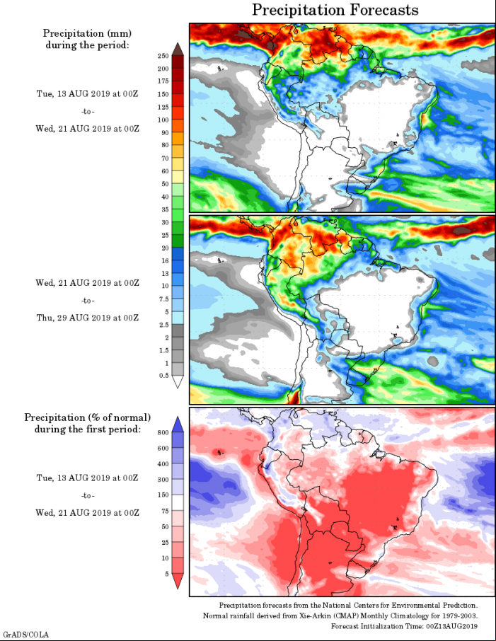 Mapa com a tendência de precipitação acumulada para o período de 13 até 29 de agosto - Fonte: National Centers for Environmental Prediction/NOAA