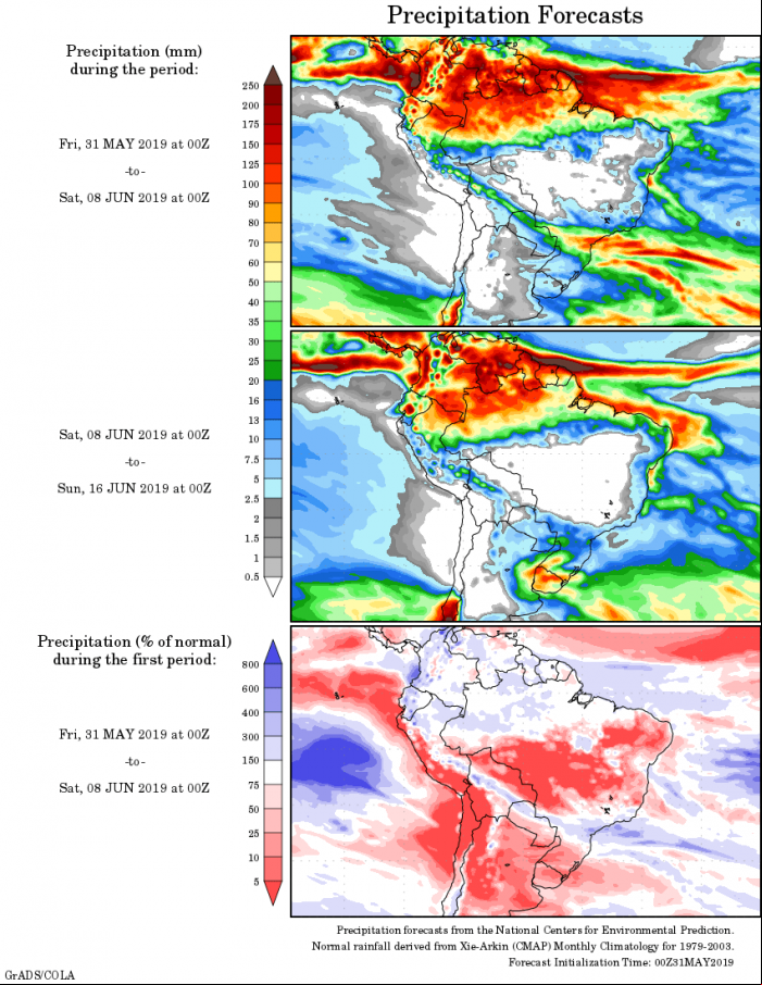Mapa com a tendência de precipitação acumulada para o período de 31 de maio 16 de junho - Fonte: National Centers for Environmental Prediction/NOAA