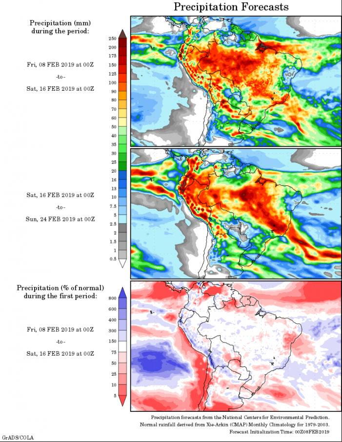 Mapa com a tendência de precipitação acumulada para o período de 08 de fevereiro até 24 de fevereiro - Fonte: National Centers for Environmental Prediction/NOAA