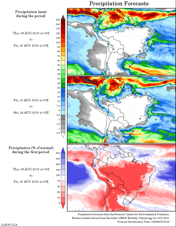 Mapa com a tendência de precipitação acumulada para o período de 08 até 24 de agosto - Fonte: National Centers for Environmental Prediction/NOAA
