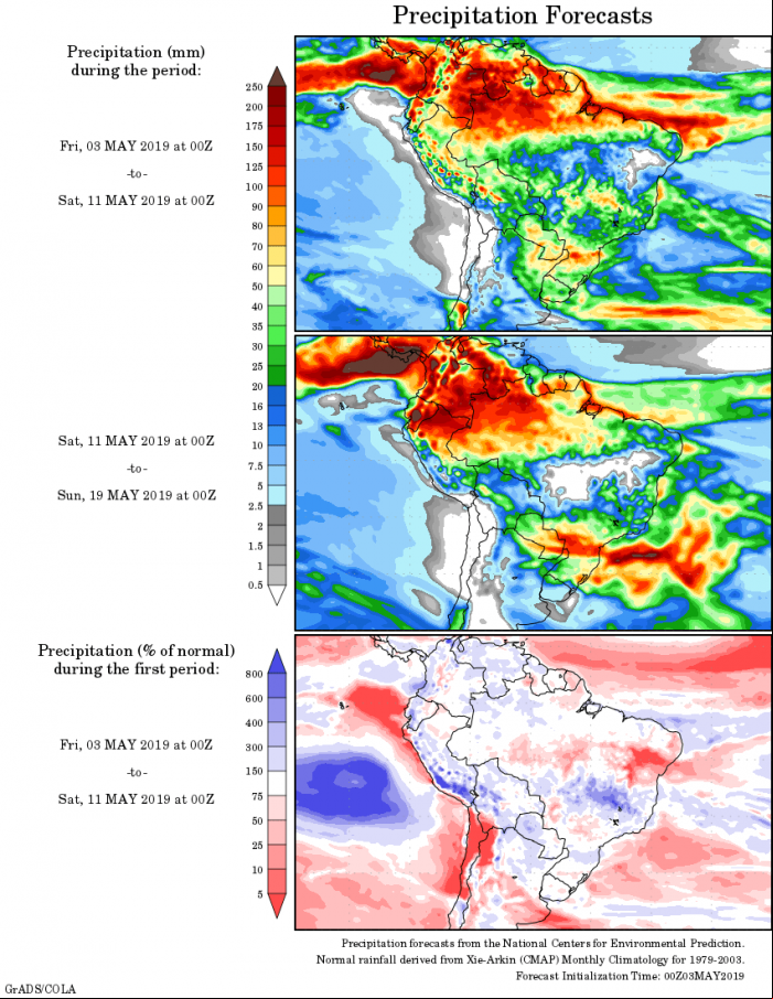 Mapa com a tendência de precipitação acumulada para o período de 03 de maio até 19 de maio - Fonte: National Centers for Environmental Prediction/NOAA