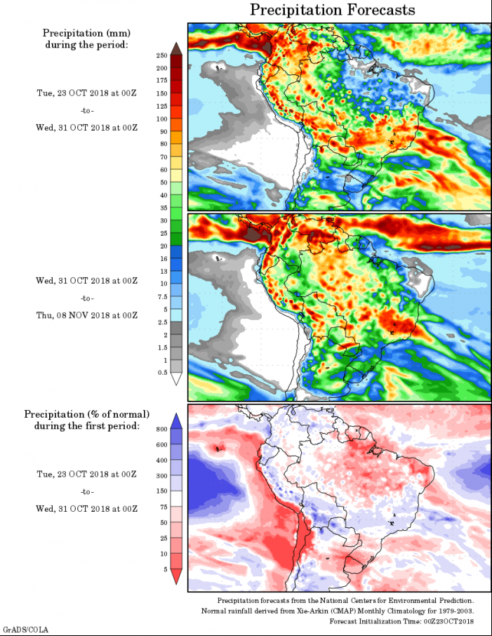 Mapa com a precipitação acumulada para o período de 23 de outubro 08 de novembro - Fonte: National Centers for Environmental Prediction/NOAA